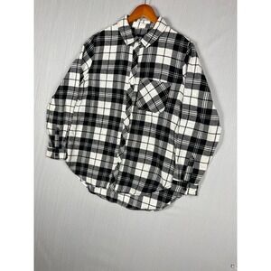 GAP Button Down Women Large Black White Plaid Flannel Shirt Long Sleeve GP000586